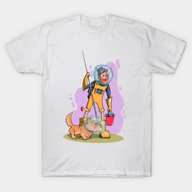 Space Fisherman and Doggy T-Shirt by ArtEscapist